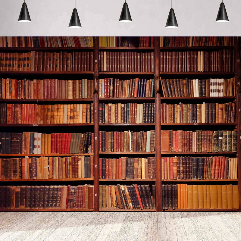 Photography Yearbook - Wood Bookshelf Photography Backdrop Vintage Library